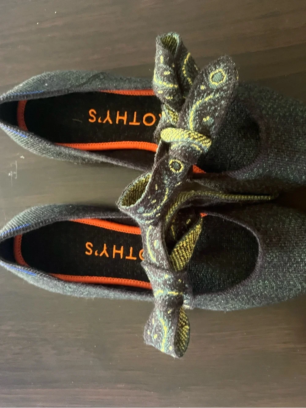 Rothy's Pointed Mary Jane Flats in Dark Green with Paisley Strap